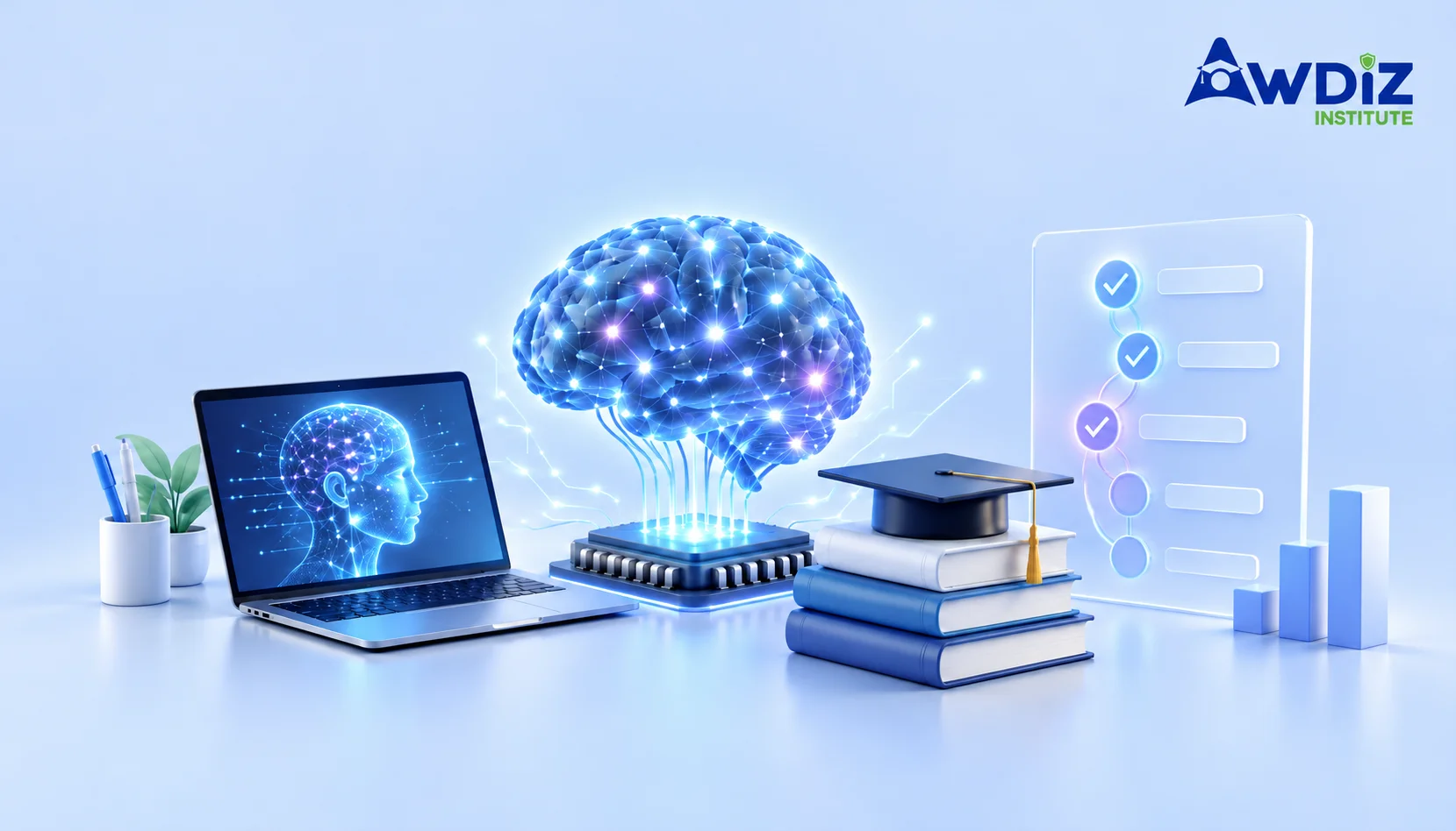 Artificial Intelligence syllabus represented by a learning roadmap, Python code, data charts and AI tools. loading=